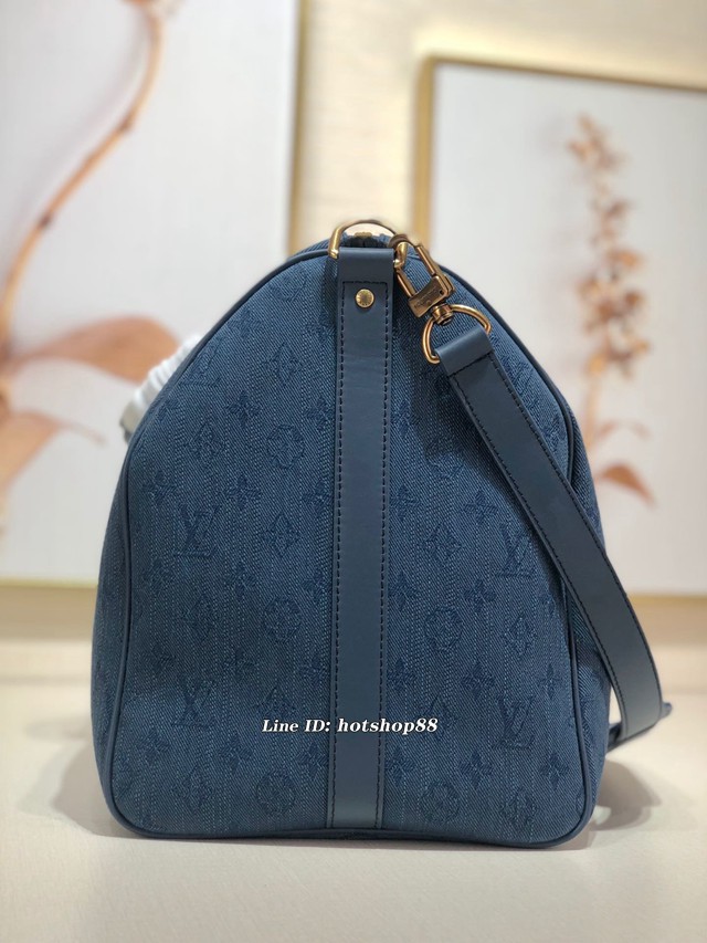 路易威登LV旅行包 LV男士旅行袋枕頭包 KEEPALL 50旅行袋 M44642 牛仔藍旅行袋 xxlv1312